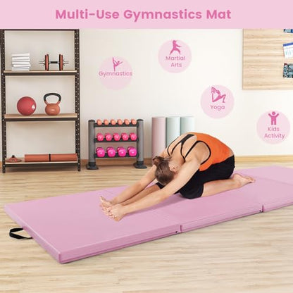 Goplus Folding Gymnastics Mat, 10’ x 4’ x 2’’ Thick Tumbling Mats with PU Leather, Hook & Loop Fasteners, Portable Handles, 4-Panel Exercise Mat for Home Gym Workouts, Yoga - color: Pink