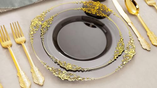 Nervure 175pcs Clear Black Plastic Plates - Gold Plastic Dinnerware Set for 25 Guests include 50 Disposable Plates,75 Gold Silverware,25 Cups,25 Napkins Perfect for Party&Independence Day - color: Black, style: 175Pcs(25Guests)