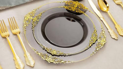 Nervure 175pcs Clear Black Plastic Plates - Gold Plastic Dinnerware Set for 25 Guests include 50 Disposable Plates,75 Gold Silverware,25 Cups,25 Napkins Perfect for Party&Independence Day - color: Black, style: 175Pcs(25Guests)