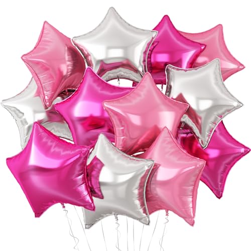 Silver Pink Star Balloons,12Pcs Pink Star Shaped Foil Balloons,18Inch Large Silver Helium Balloon for Birthday Baby Shower Anniversary Party Decoration - color: Silver Pink