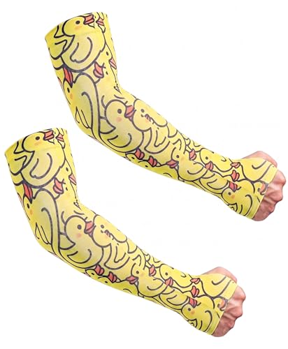 Aueyan Arm Sleeves for Men Women,Cooling Sleeves with Thumb Holes,Funny Sun Protection Arms Cover with Print Pattern - color: Ducks Yellow