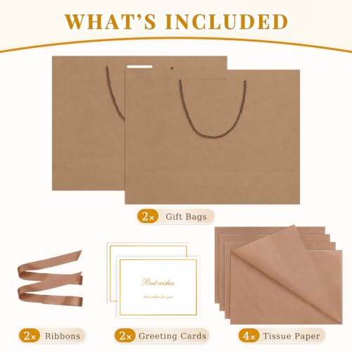 ANZNKU 2PCS Gift Bags 12.6" Medium Brown Gift Bags with Handles 4 Tissue Paper 2 Ribbons 2 Cards, Kraft Paper Gift Bag for Men Women Wedding Bridal Baby Shower Birthday Graduation Present Party Favors - color: Kraft Brown