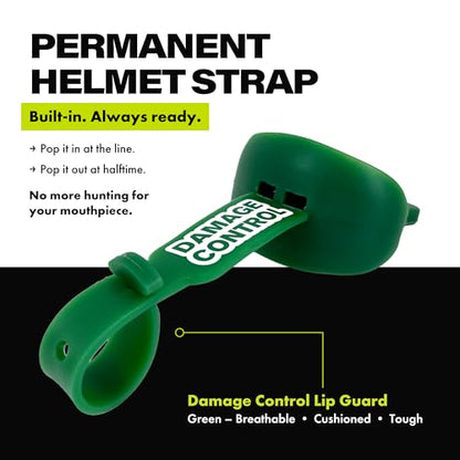 DAMAGE CONTROL Pacifier Football Mouth Guard – Permanent Strap – Green | Youth Football Mouthpiece, No Boiling, Breathable Design, Protects Lips & Teeth, Works with Braces - color: Green