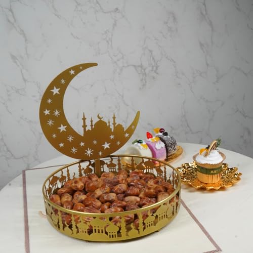 Ramadan Tray Eid Mubarak Metal Serving Tray Lunar Crescent Eid Mubarak Dishes Tray Plate Ramadan Eid Serving Tray Fruit Tray Tableware Dessert Platters Storage Container Display Holder