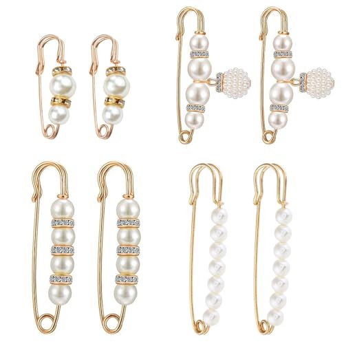 8 Pcs Pearl Brooch Pins,Safety Pins for Clothing Dress pants skirt Cardigan Collar，Faux Pearl Rhinestones Brooches for Women Girls Pants Extender Safety Pins - size: set-B