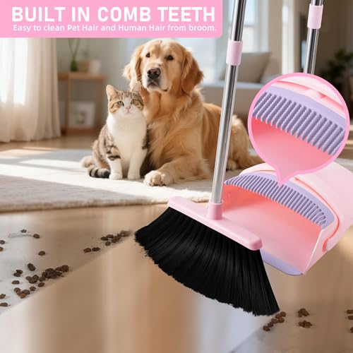 BSKLIN Broom and Dustpan Set, 52” Long Adjustable Handle Broom with Dustpan Combo Set with Dust Pan Teeth to Clean Hair for Home Lobby Office Kitchen (Small-Pink-Purple) - size: Small-pink-purple