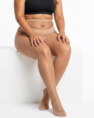 ZINTEDI 2 Pairs Plus Size Black Fishnet Stockings for Women High Waist Fishnet Tights - color: Nude