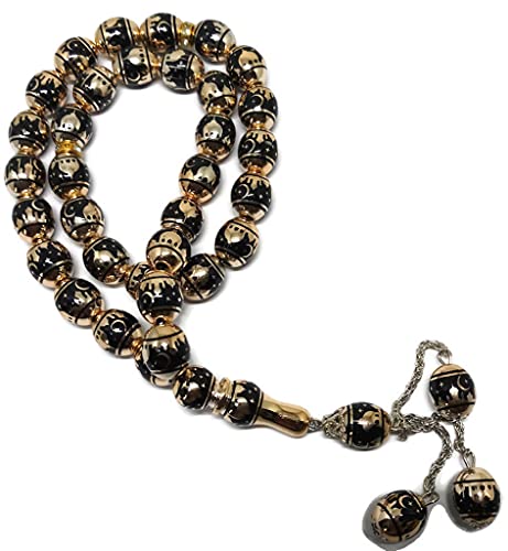 Muslim Tasbih 33 Rosary Bead AMN-276 Islam Prayer dhikr Misbaha with Masjid Image Printed on Laser Crystal Stone Beads Islamic Religion Eid Ramadan Gift (Black) - color: Black