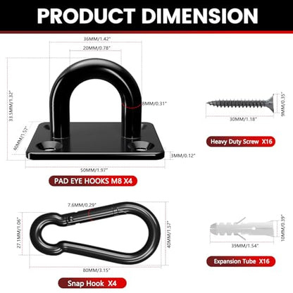 sprookber 304 Stainless Steel Pad Eye Snap Hooks, M8 Heavy Duty Ceiling Hooks, 1200 lb Capacity Hammock Swing Hanging kit, Plant Hangers, Marine Hardware Staple Hook Loop with Screws, Set of 8(Black) | Hanging Kit with Screws for Hammock Chair Swing, Yoga