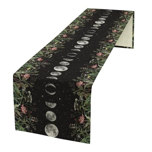 Boho Floral Moon Table Runner,Spring Flower Leaves Seasonal Mystical Gothic Sun Moon Kitchen Dining Table Decoration for Kitchen Dining Room Holiday 13x36 Inch - color: Moon-1, size: 13x36 Inch