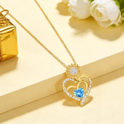 Midari Sunflower Necklace 18k Gold Plated Heart with Brithstone You Are My Sunshine Necklace Anniversary Birthday Sunflower Jewelry Gift for Women Wife Mom - color: 03-March