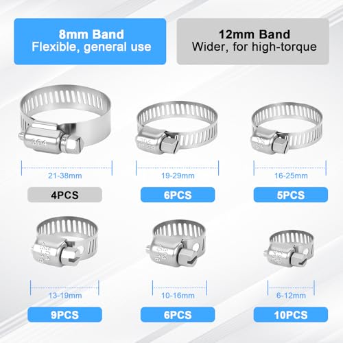 40Pcs Hose Clamps,Stainless Steel Hose Clamp Assortment Kit, 1/4" to 1-1/2" (6–38mm) Adjustable Worm Gear Pipe Hose Clamp For Fuel Line，Plumbing, Applications, Tube, Garden