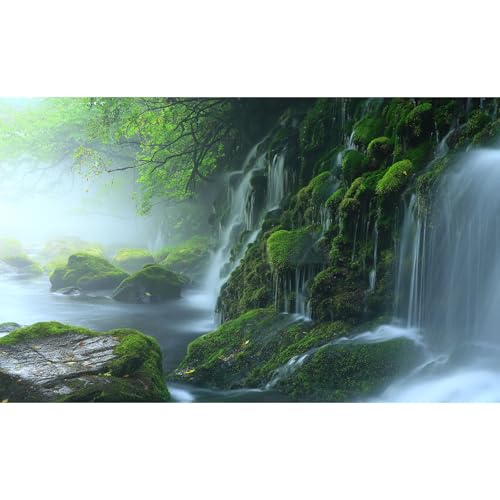 Cascading Waterfall Aquarium Background Majestic Tranquil Stream Mossy Rocks Fish Tank Background Scenic Foggy Misty Forest Scene Terrarium Backgrounds Natural Falls Reptile Tank Backgrounds 24x16in - color: Foggy Green, size: 24(W)x16(H)in