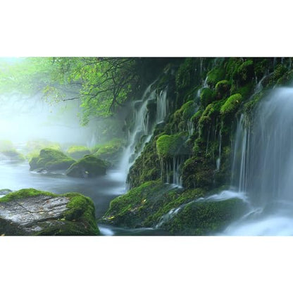 Cascading Waterfall Aquarium Background Majestic Tranquil Stream Mossy Rocks Fish Tank Background Scenic Foggy Misty Forest Scene Terrarium Backgrounds Natural Falls Reptile Tank Backgrounds 24x12in - color: Foggy Green, size: 24(W)x12(H)in