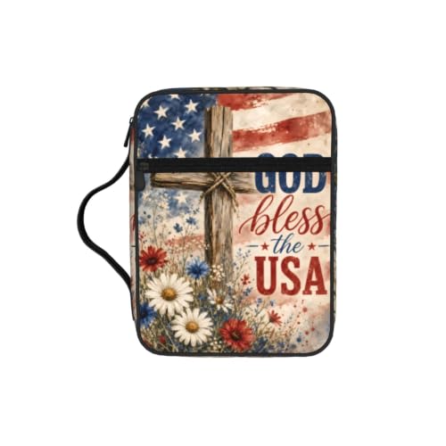 American Flag Cross Bible Cover Case with Handle and Zippered Pocket - color: American Flag Cross