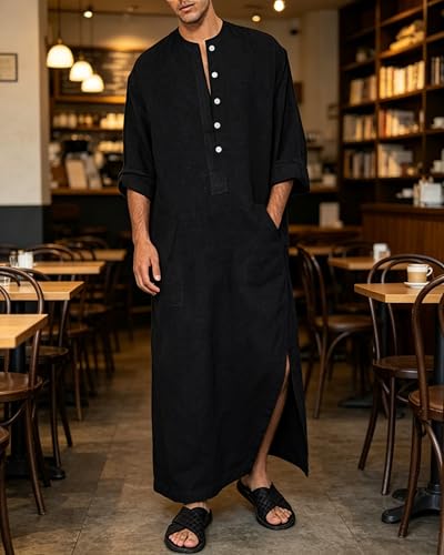 Jacansi Men's 65% Cotton 35% Linen Long Sleeve Kaftan, Button Down Ankle Length Thobe with Side Split & Pocket - color: Black, size: 3X-Large