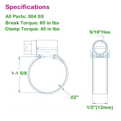 Non-Slip Stainless Steel Worm Gear Hose Clamps 1 to 1-5/8"(25-40mm) | SAE Size 16, 5/16"Hex Head, Soft Hose Protection, Adjustable for Automotive, Fuel Line, Garden, Heater, Radiator, 12Pack - size: SAE#16(1 To 1-5/8)