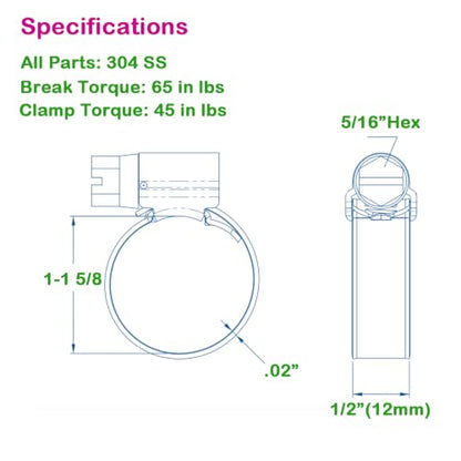 Non-Slip Stainless Steel Worm Gear Hose Clamps 1 to 1-5/8"(25-40mm) | SAE Size 16, 5/16"Hex Head, Soft Hose Protection, Adjustable for Automotive, Fuel Line, Garden, Heater, Radiator, 12Pack - size: SAE#16(1 To 1-5/8)