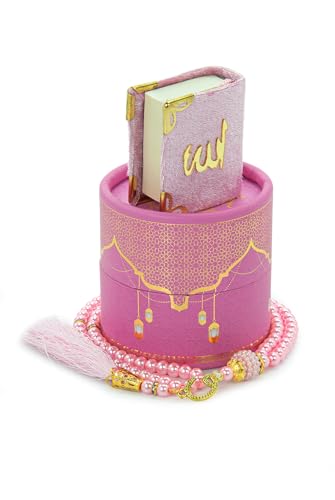 ihvan online Mini Quran & Tesbih Gift Set with Cylinder Box – 99 Pearl Muslim Prayer Beads, Misbaha Tasbeeh Sibha Mala – Islamic Ramadan, Eid & Mawlid Gift for Men & Women, Pink - color: Pink