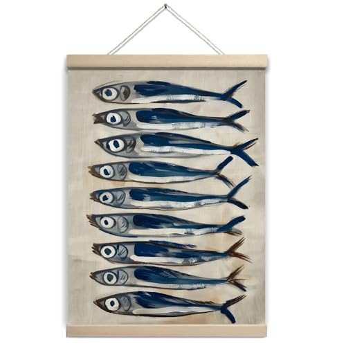 Sardine Decor Wall Art, Blue Still Life Fish Art, Vintage SeaLife Print Wall Decor for Fish Restaurant, Nautical Fish Coastal Home Art, Sardine Decor for Kitchen 12x16 - color: Blue Sardine