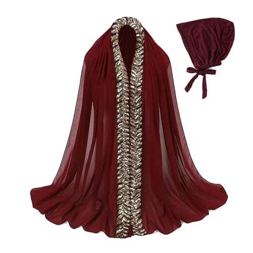 JIAHG Womens Muslim Chiffon Sequined Hijab Scarf Long Scarf Shawl Undercap Combo with Rhinestone Fashion Soft Headscarf - color: Wine Red