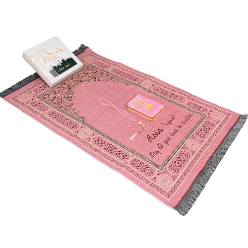 IEF Personalized Embroidered Prayer Rug Prayer Beads Yaseen Dua Book Quran Islamic Gift Set Ramadan Eid Hajj Umrah Wedding Birthday Mother's Day Father's Day Valentine's Day Gifts (Pink) - color: Pink