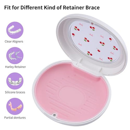Kawaii Cherry Printed Retainer Case with Silicone Pad, Portable Slim Aligner Case Orthodontic Retainer Box, Denture Storage Container Travel Mouth Guard - color: Kawaii Cherry