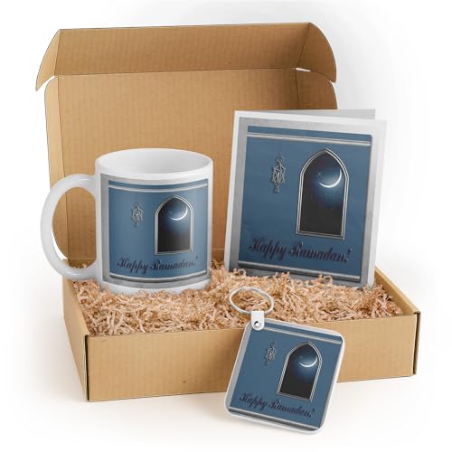 3dRose Ramadan Gift Set - Mug, Keychain, and Cards - Blue Lantern with Moon - Thoughtful Gifts for Muslim Friends and Family