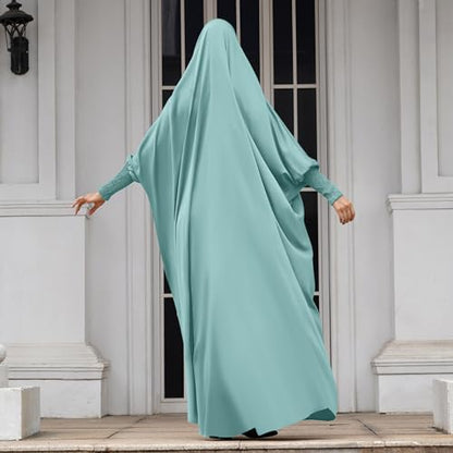IDOPIP Muslim Abaya for Women One Piece Long Sleeve Islamic Prayer Dress with Hooded Hijab Maxi Kaftan Robe Modest Clothes - color: Light Green