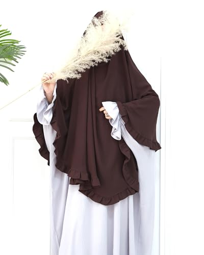 Muslim Prayer Hijab Solid Color Ruffled Head Scarf Women Islamic Head Cover Khimar - color: Dark Coffee