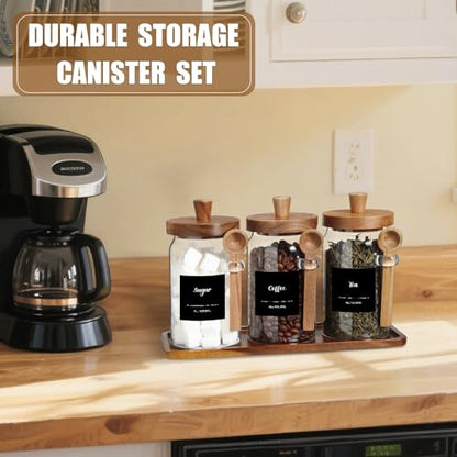 3 Pcs Glass Coffee Container Wood Lid, 25 Oz, acacia Brown | Coffee Tea Sugar Canister Set, Airtight Jar Food Storage with Wood Spoon Tray Labels, Kitchen Counter Bar Organization - size: 25 oz