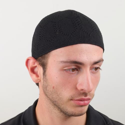 Men's Knit Kufi Muslim Prayer Cap Set with Tasbih Beads Multi Packs - color: Ajur - Black Grey