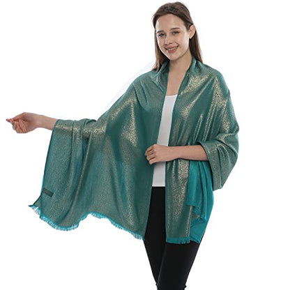 LMVERNA Women's Sparkling Metallic Soft Pashmina Shawls and Wraps Scarf in Solid Colors - color: Teal-gold