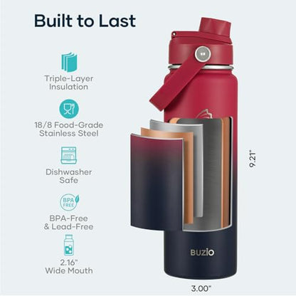 BUZIO 24 oz Insulated Water Bottle, Stainless Steel Wide Mouth Water Flask with Straw Lid, Cold for 48 Hrs Leak Proof Metal Hydro Thermo Canteen Mug, Red Navy - color: Ruby Red Navy, size: 24 Ounces