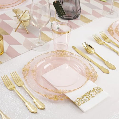Hioasis 175pcs Pink and Gold Plates - Pink Party Plates for 25 Guest, Include 50 Heavy-duty Plates(20% Thicker Than Standard), 75 Cutlery Set, 25 Napkin, 25 Cups for Party & Easter - color: Pink and Gold