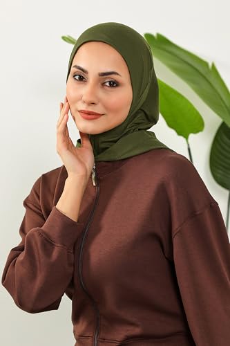 Aisha's Design Full Coverage%95 Cotton Bonnet for Women, Ready-to-Wear Hijab Bonnet Headscarf with Neck Coverage - color: Army Green