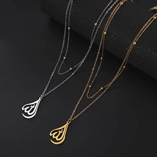 kkjoy Islamic Muslim Allah Layered Necklaces for Women Stainless Steel Water Drop Heart Shape Allah Necklace Lucky Islamic Jewelry