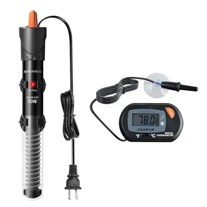 HiTauing Aquarium Heater 25W/50W/100W/200W/300W, Adjustable Knob Fish Tank Heater with Digital Thermometer, Submersible Betta/Turtle Tank Heater for Freshwater and Saltwater Tanks - size: 50W for 5-10 gallon