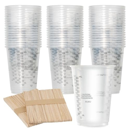 XUXU 100pcs 8oz Graduated Clear Plastic Measuring Cups with 100pcs Wooden Stirring Sticks for Mixing Paint, Pigments, Epoxy Resins, Resins