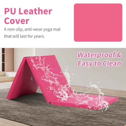 BLKMTY Gymnastics Mat, 2"x6' Folding Exercise Yoga Mat for Kids Tumbling | PU Leather Workout Mat, with Carrying Handles, For Home Gym Aerobic Fitness - color: Pink