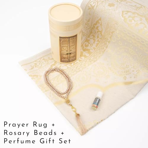 Islamic Prayer Rug 4 Pcs Gift Set with Kaaba Design Box | Sajadah, Tasbih, Perfume | Suitable for Ramadan, Eid, Travel, or Home (Gold, Standart) - color: Gold