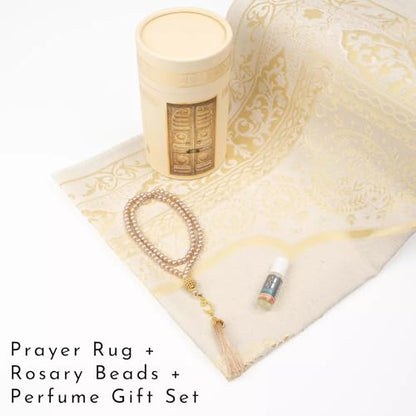 Islamic Prayer Rug 4 Pcs Gift Set with Kaaba Design Box | Sajadah, Tasbih, Perfume | Suitable for Ramadan, Eid, Travel, or Home (Gold, Standart) - color: Gold