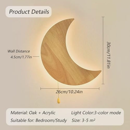 Moon Shape Nordic Style Wall Sconce 11.9-Inch Oak Wood Wall Lamp with Pull Chain Switch 3 Color Temperatures Acrylic Crescent Light Fixture for Bedroom Study Hallway