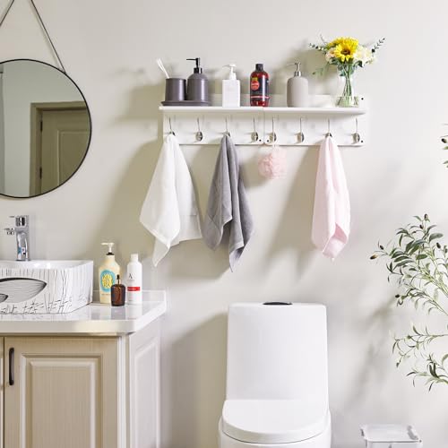 YMYNY 31.5" Coat Rack Wall Mount with Shelf and 8 Hooks, White, HWS006W-2 | 2 Pack Coat Hooks Key Holder Wall Mount, Wood Wall Mounted Coat Rack with Wall Hooks for Hanging, Towel Hooks for Bathroom - color: White