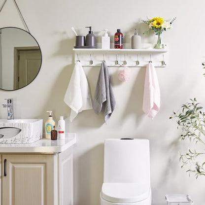 YMYNY 31.5" Coat Rack Wall Mount with Shelf and 8 Hooks, White, HWS006W-2 | 2 Pack Coat Hooks Key Holder Wall Mount, Wood Wall Mounted Coat Rack with Wall Hooks for Hanging, Towel Hooks for Bathroom - color: White