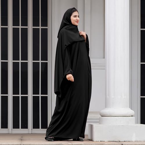 IDOPIP Abayas for Women Muslim Dress with Hijab, One-Piece Long Sleeve Islamic Prayer Dress with Khimar Jilbab Kaftan Clothes - color: Black + Hijab