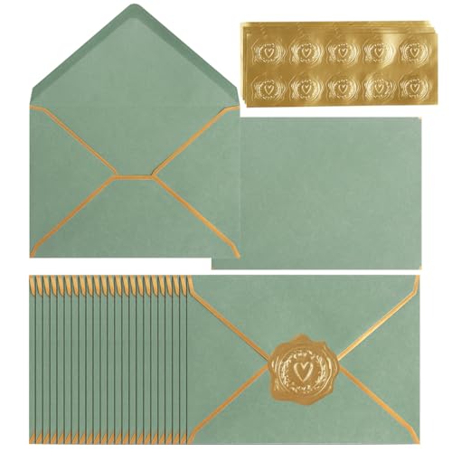 100 Pack A7 Envelopes 5x7 Sage-Green Gold Border 5.32x7.28 Inches - color: Sage Green, size: 5.32 x 7.28 Inches