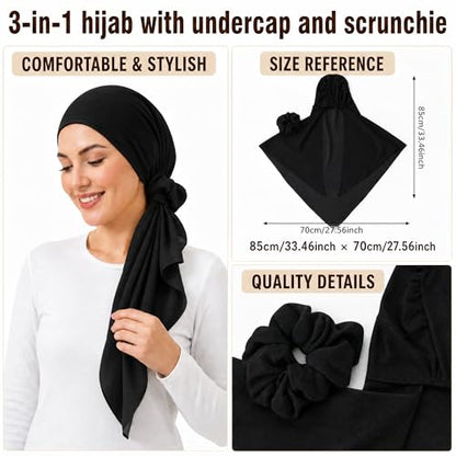 Elastic Band Muslim Headscarf, Chiffon Hijab(70-85cm), Soft Breathable Head Scarf for Daily Wear, Religious Occasions - color: Black