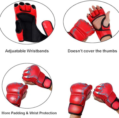 MMA Gloves, Half-Finger Boxing Fight Gloves MMA Mitts with Adjustable Wrist Band UFC Gloves for Sanda Sparring Punching Bag Training (One Size Fits Most) - color: Red