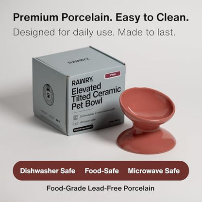 RAWRY Raised Ceramic Cat Bowl, Elevated Tilted Cat Bowl, Wide Shallow Cat Dish, Whisker Fatigue Cat Bowl, Dishwasher & Microwave Safe for Wet or Dry Food, Cats & Small Dogs, 12 oz (Plum) - color: Plum